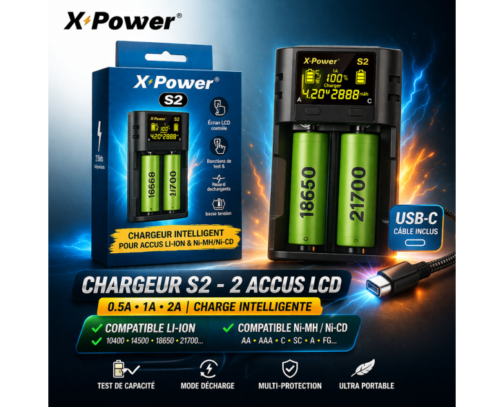 Chargeur S2 X Power – Chargeur Intelligent 2 Accus LCD | Création Vap Chargeur S2 X Power – Chargeur Intelligent 2 Accus LCD | Création Vap