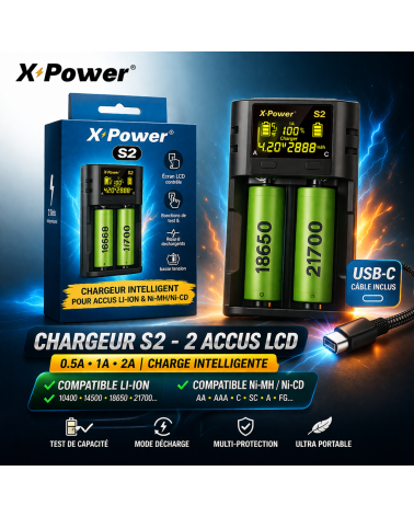 Chargeur S2 X Power – Chargeur Intelligent 2 Accus LCD | Création Vap