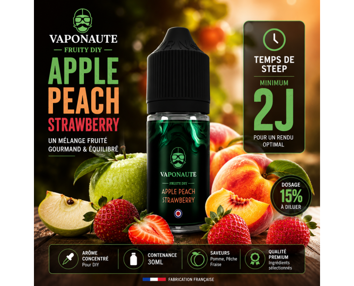 Arôme concentré Vaponaute Apple Peach Strawberry 30ml saveur pomme, pêche et fraise