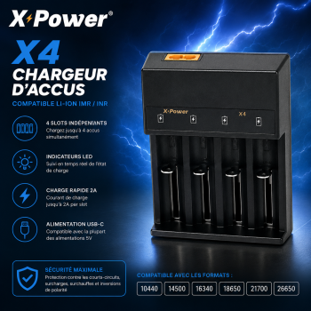Chargeur d'accus XPower X4 avec 4 emplacements indépendants pour accus Li-Ion IMR et INR