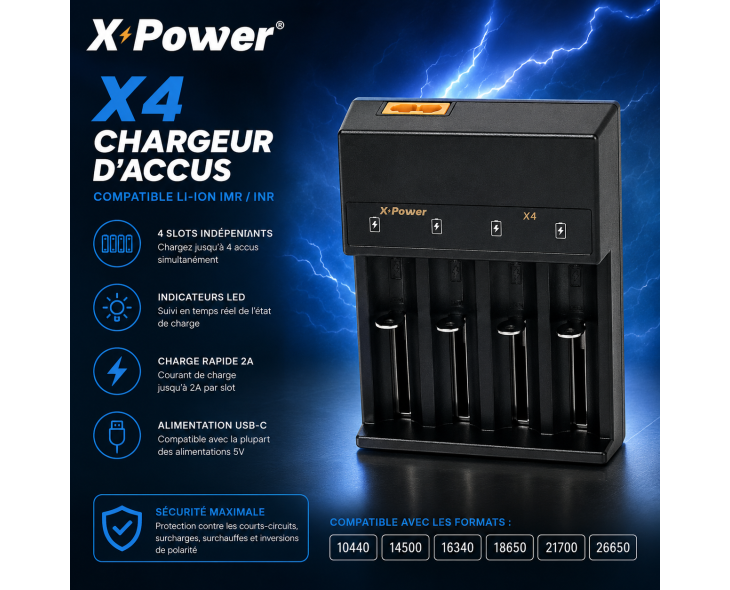 Chargeur d'accus XPower X4 avec 4 emplacements indépendants pour accus Li-Ion IMR et INR Chargeur d'accus XPower X4 avec 4 emplacements indépendants pour accus Li-Ion IMR et INR