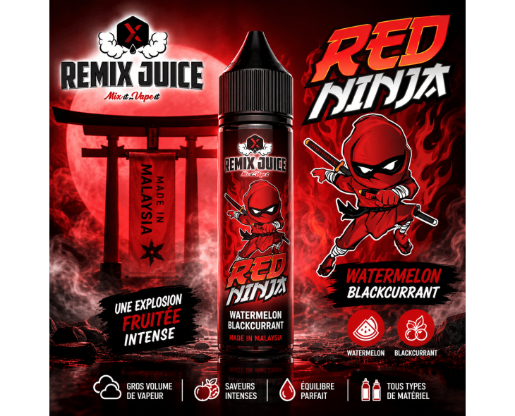 E-liquide Red Ninja Remix Juice saveur pastèque et cassis format grand volume E-liquide Red Ninja Remix Juice saveur pastèque et cassis format grand volume