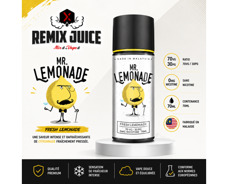 E-liquide Mr Lemonade Remix Juice saveur citronnade fraîche 70VG 30PG E-liquide Mr Lemonade Remix Juice saveur citronnade fraîche 70VG 30PG
