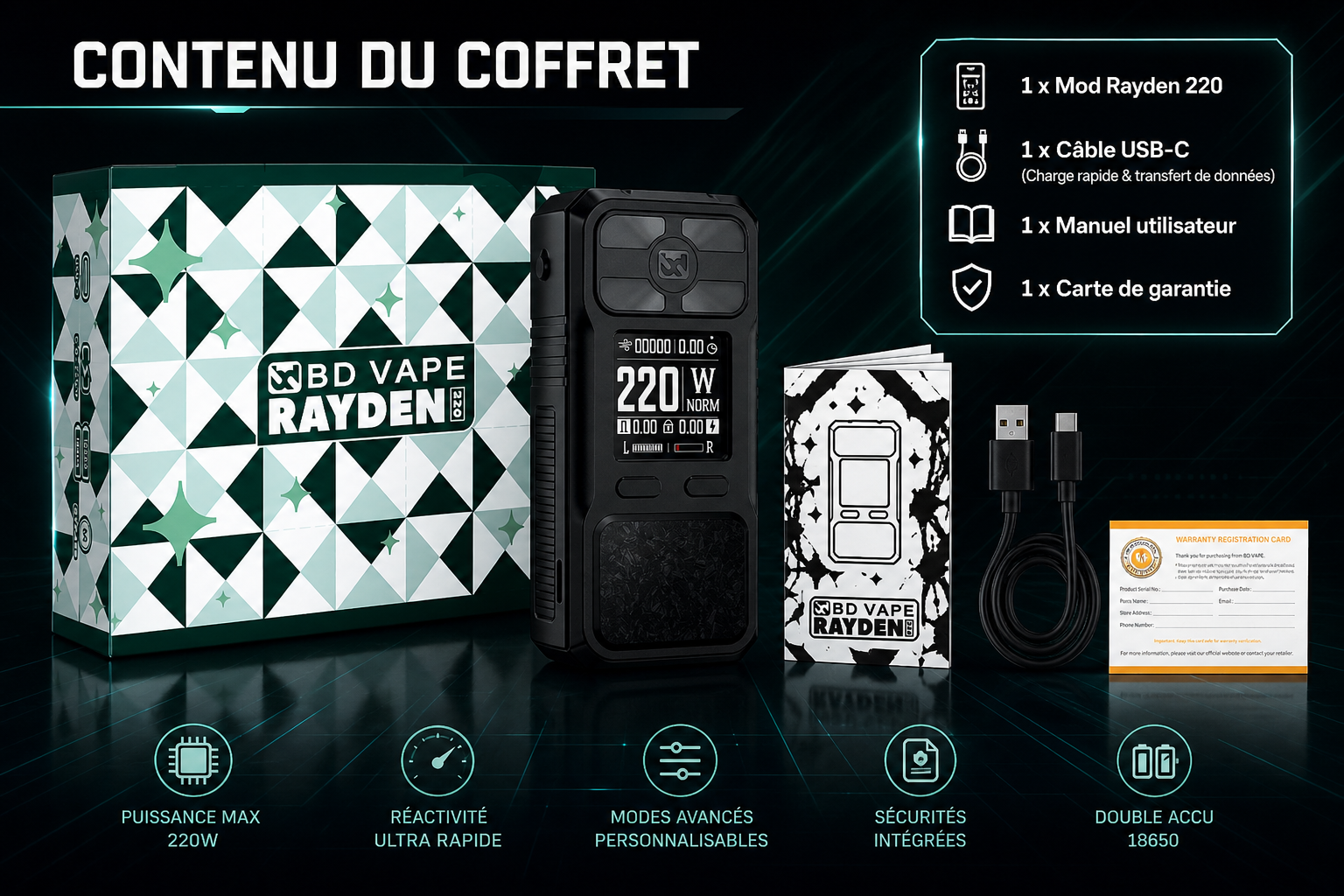 box rayden 220 full black bd vape 220w